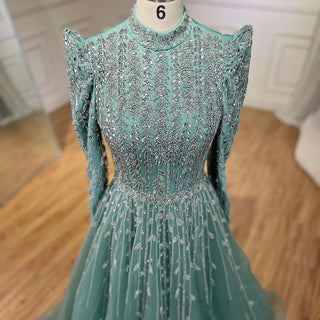 2024 Dubai Arabic Designer Luxury Sage Green A-Line Beaded Evening Dress: Perfect for Women's Wedding Party