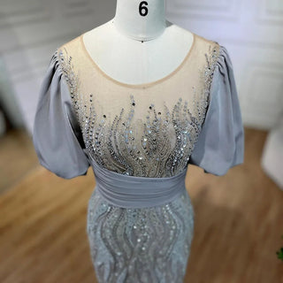 Silver Nude Luxury Mermaid Beaded Evening Dress Gown 2024: Puffy Sleeves, Elegant for Women Party