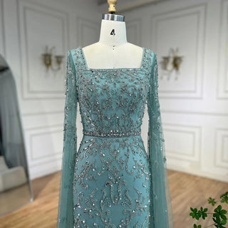 Ships in 1 to 3 Days - Turquoise Beaded Cape Sleeves Mermaid Long Evening Dress: Gowns for Women's Wedding Party