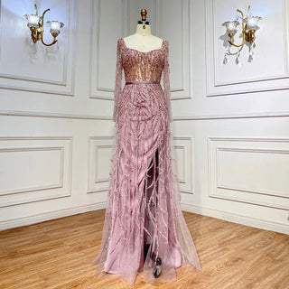 Arabic Pink High Split Beaded Luxury Long Evening Dress - 2024 Wedding Party Gown for Women