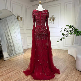 Caramel Mermaid Long Evening Dress with Beaded Cape Sleeves - Elegant Gown for Women's Wedding Party