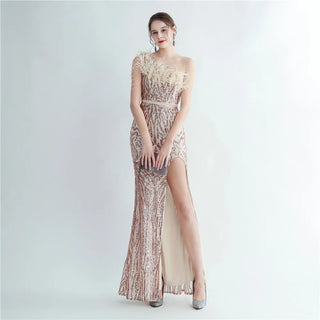 Elegant Slash Neck Feather Sequin Evening Dress - Beaded Long Party Maxi Dress for Women