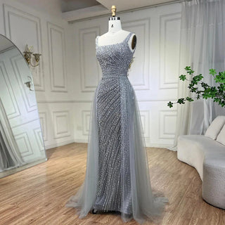 Ships in 1 to 3 Days - Silver Mermaid Evening Dress - Detachable Skirt, Beaded Luxury, Arabic Design for Women's Party 2024