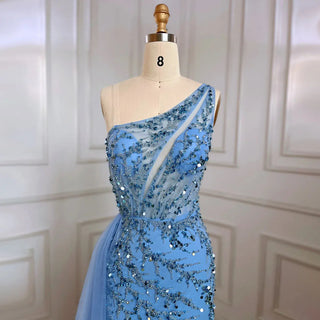 Blue Sexy One Shoulder Mermaid Elegant Beaded Arabic Evening Dress Gown for Women Wedding Party 2024