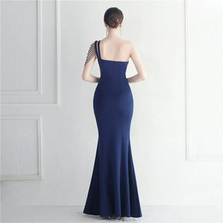 Black One-Shoulder Slash Neck Beaded Evening Dress - Sexy Slit Long Prom Party Maxi Dress