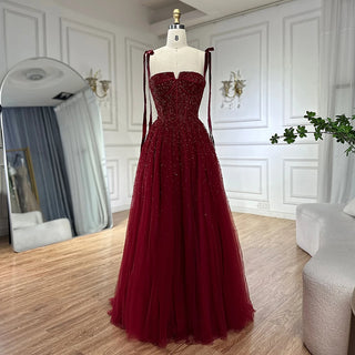 Ships in 1 to 3 Days - 2024 Saudi Wine Red Beaded Evening Gown - Spaghetti Strap A-Line Luxury Floor-Length Dress for Formal Occasions