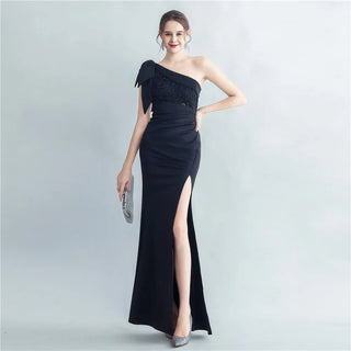 Sexy Slash Neck Appliques Party Maxi Dress with Slit - Long Evening Dress for Women