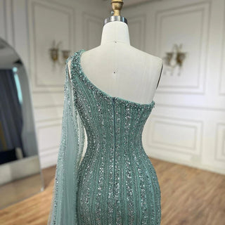 Ships in 1 to 3 Days - Turquoise Mermaid Luxury Beaded Evening Gown 2024 with One-Shoulder Cape Sleeves - Perfect for Women's Wedding Parties