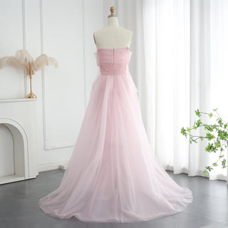 Luxury Dubai Beaded Pink Evening Dress with Overskirt Gloves Elegant Women Arabic Wedding Formal Party Gown