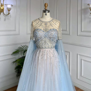 Blue A-Line Evening Dress 2024 with Arabic Cape Sleeves, O-Neck, Bow, and Beaded Luxury - Ideal for Women's Party