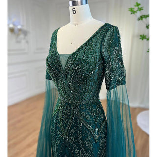 Emerald Elegance: 2024 Luxury Evening Dresses with Cape Sleeves in Rose Gold and Gray