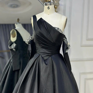 2025 Black One-Shoulder Satin A-Line Beaded Evening Gown with Sleevelets for Women’s Party - Saudi Dress