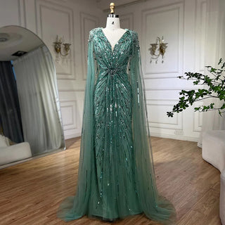 Ships in 1 to 3 Days – Dubai's Luxe Elegance: Sage Green Evening Dresses with Cape, Fuchsia Crystal, and Gold Accents for Women's Weddings and Formal Parties (2024)