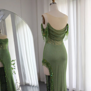 Luxury Crystal Dubai Sage Green Evening Dresses: Orange Arabic High Slit Prom Dress for Women's Wedding Party Elegance