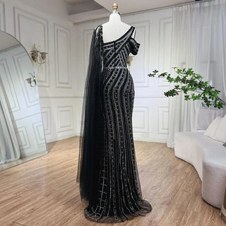 Arabic Dubai Black Long Cloak Mermaid Beaded Luxury Evening Dress - Gown for Women's Wedding Party 2024