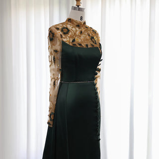 Opulent Olive: Luxury Dubai Mermaid Evening Dress with Long Sleeves for Elegant Weddings