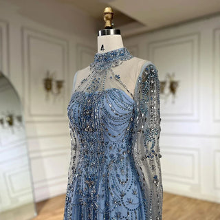 Opulent Arabic-Inspired A-Line Blue Lace Beaded Evening Gown For Women's Party