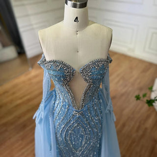 Blue Mermaid Evening Gown with Gloves and Detachable Overskirt – 2025 Custom Arabia Design