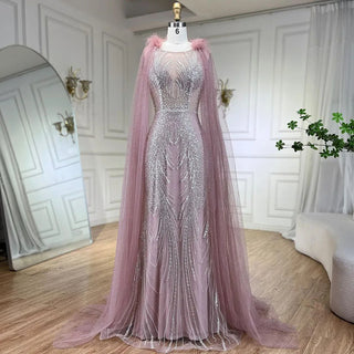 Arabic Pink Mermaid Evening Dress with Elegant Luxury Feathers Beaded Cape Sleeves for Women's Party 2024