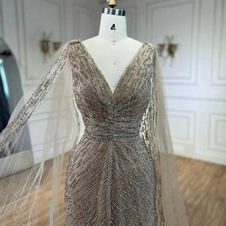 Customized Arabic Nude Luxury A-Line Beaded Evening Dress with Cape Sleeves for Women’s Wedding Party