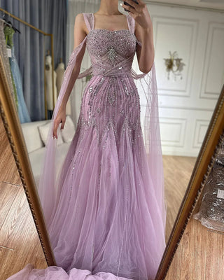 Ships in 1 to 3 Days - 2024 Dream Pink A-Line Evening Dress - Beaded Design Gown with Cape Sleeves for Formal Occasions