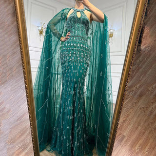 Mermaid Elegant Cape Sleeves Beaded Luxury Evening Dress Gown For Women: Arabic Party 2024