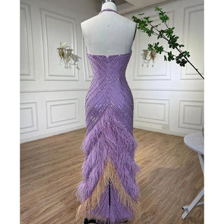 Lilac Elegance: 2024 Luxury Dubai Feathered Evening Dresses - Halter Mermaid Style