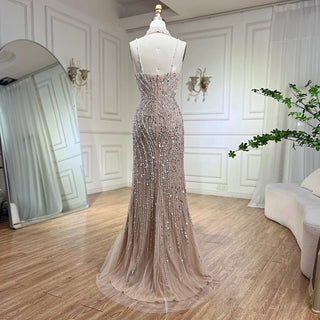 Silver Nude Mermaid Split Strap Evening Dress: Spaghetti Strap, Beaded Prom Gown for Women's Party 2024