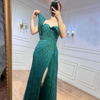 Green Mermaid High Split Elegant One Shoulder Beaded Evening Dress Gown for Women Wedding Party 2024