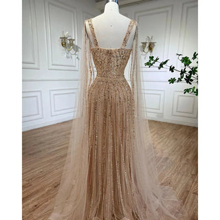 Ships in 1 to 3 Days - Elegant Arabic Gold A-Line Cape Sleeves Beaded Luxury Dubai Long Evening Dress - Wedding Party Gown for Women 2024