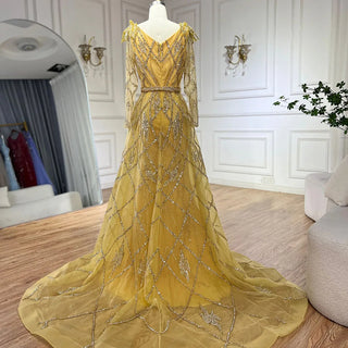 Ships in 1 to 3 Days - 2024 Muslim Gold Mermaid Evening Gown - Luxury Beaded Dress with Overskirt for Dubai Parties