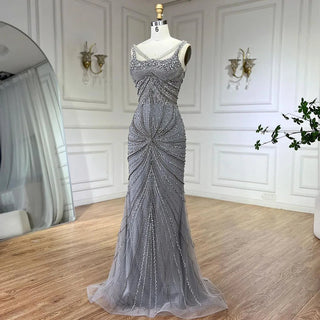 Arabic Nude Spaghetti Strap Mermaid Evening Gown - Luxury Pearls Beaded for Women's Wedding Party 2024