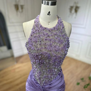 2025 Arabic Lilac Halter Neck Side Slit Mermaid Luxury Dubai Evening Gown Beaded Dress for Women's Party