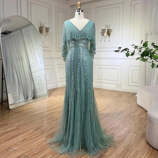 Ships in 1 to 3 Days - Turquoise Mermaid Elegant Evening Gown 2024: Long Cape, Beaded Luxury Dubai for Women's Wedding Party