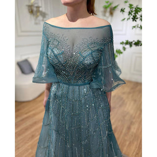 Turquoise A-Line Luxury Beaded Long Flare Sleeves Evening Dresses Gowns 2024 - For Women's Wedding Party