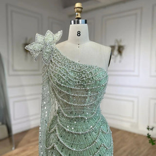 Ships in 1 to 3 Days - Sage Green One-Shoulder Mermaid Evening Gown - Luxurious Dubai Arabic Design with Pearls