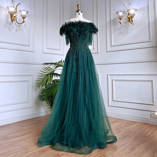 Blue Serenity: 2024 Boat Neck Luxury Evening Gown - Short Sleeves Beaded Feather A-Line Dress for Women's Party