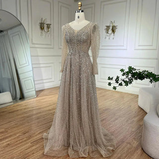 Arabic Pink A-Line Elegant Long Sleeves Evening Dress - Luxury Beaded Gown for Women's Wedding Party 2024