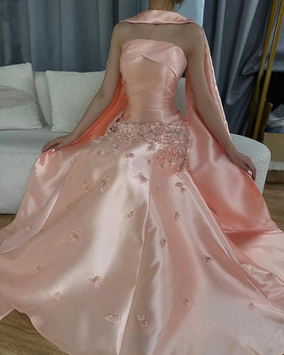 Ships in 1 to 3 Days - Luxury 3D Leaves Pink Satin Mermaid Evening Dress with Cape - Dubai Arabic Women Wedding Prom Party Gown