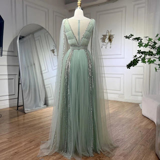 Luxury Dubai Wedding Party Gowns: Elegant Pink Evening Dress with Cape Sleeves for Arabic Women in Sage Green and Yellow