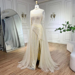 Ships in 1 to 3 Days - 2024 Blue Mermaid Evening Gowns Luxury Beaded High Split Cape Sleeves Long Dresses for Women's Wedding Party