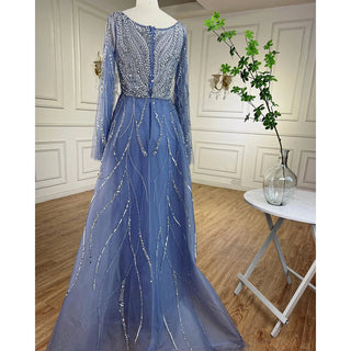 Ships in 1 to 3 Days - 2024 Blue A-Line Evening Gown: Arabic-Inspired Beaded Detail with Long Sleeves for Women's Wedding Celebrations