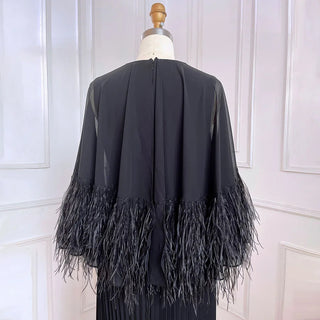 Black Mermaid Elegant Feather Cape Sleeves Morocco Evening Dress - 2024 Collection.