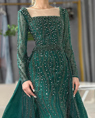 Luxurious Green Beaded Mermaid Evening Gown with Overskirt