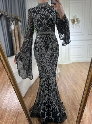 Grey Muslim Mermaid Elegant Cape Sleeve Beaded Luxury Dubai Long Evening Dress - Women's Party 2024