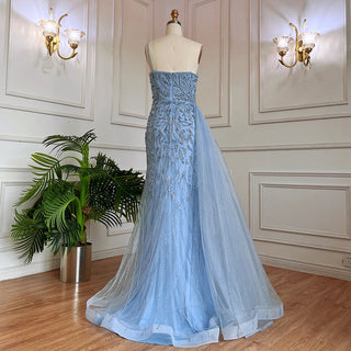 Elegant Blue Mermaid Evening Gown 2024: One Shoulder with Overskirt, Luxury Beaded for Women's Party