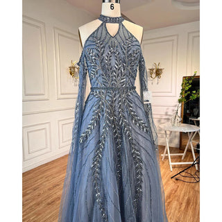 Luxury Dubai Blue Evening Dresses with Cape Sleeves: Elegant Silver Gray and Gold for Women's Wedding Party Gown