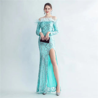 Off-Shoulder Feather Sequin Full Sleeve Evening Dress - Long Party Maxi Dress