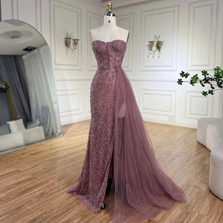 Ships in 1 to 3 Days - Arabic Turquoise Strapless High-Split Mermaid Beaded Luxury Evening Gown for Women Wedding Party 2024