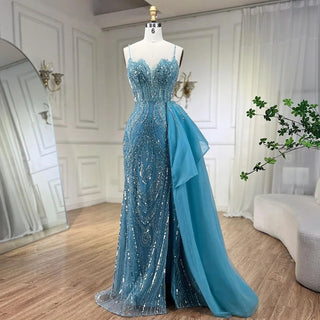 2024 Sky Blue Spaghetti Strap Luxury Evening Dress: Mermaid Beaded Elegant Overskirt for Women's Party